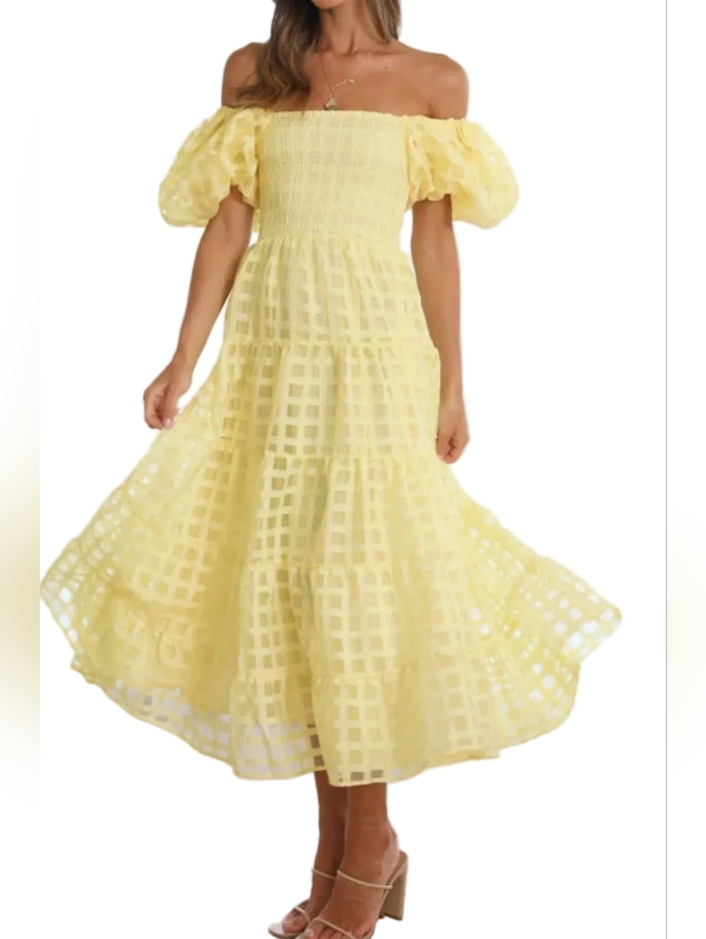 Off Shoulder Short Puff Sleeve Elastic Smocked Bodice Tiered A-line Midi Dress - Picture 6 of 14